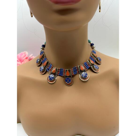 Tibetan Lapis & Coral Necklace Bracelet Earring Jewelry Set Boho Tribal - Picture 2 of 7